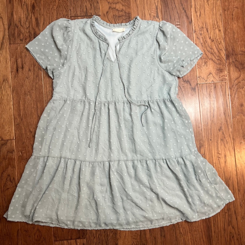 Altar'd State Women's Light Blue Swiss Dot Tiered Ruffle Neck Babydoll Dress